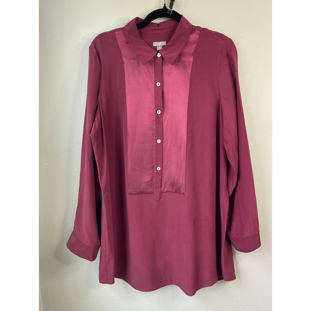 J. Jill 100% Silk Tunic Blouse Berry Wine Bib Button Front Long Sleeve L